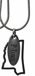 A  metal pendant necklace featuring an outline of the state of Pennsylvania and a central oval pendant engraved with 'P-Town', suspended from a thick chain against a plain white background.