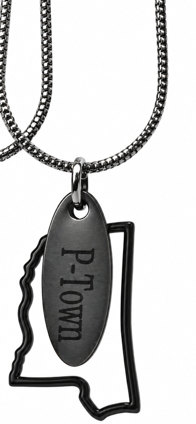 A  metal pendant necklace featuring an outline of the state of Pennsylvania and a central oval pendant engraved with 'P-Town', suspended from a thick chain against a plain white background.
